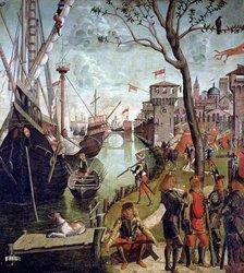 Llegada de Santa Úrsula durante el sitio de Colonia, del ciclo de Santa Úrsula, 1498